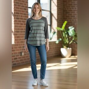 LuLaRoe Grey & Blue Striped 3/4 Sleeve Women’s Shirt